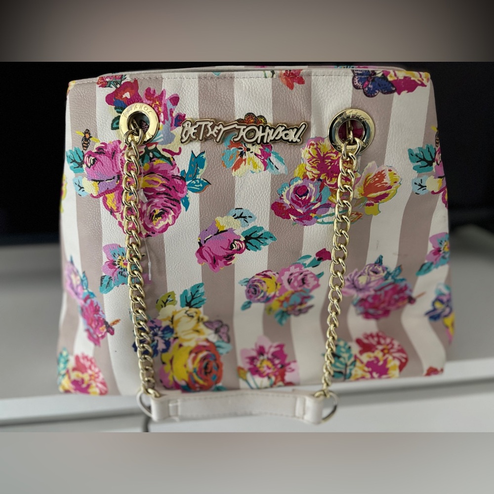 Betsey Johnson White & Pink Striped Floral Chain-Handle Tote